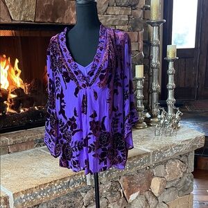 Hale Bob  Purple Velvet Burnout Beaded Floral Women's Top Sundance L